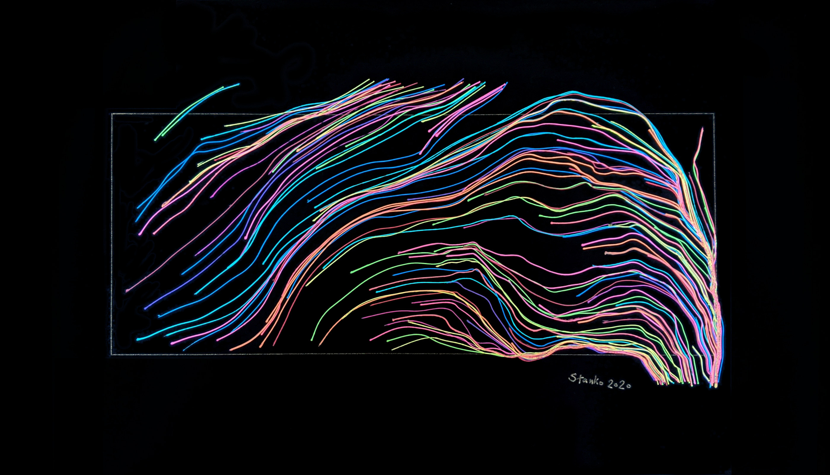 Pen plotted image generated by Neon, gel pens on black paper