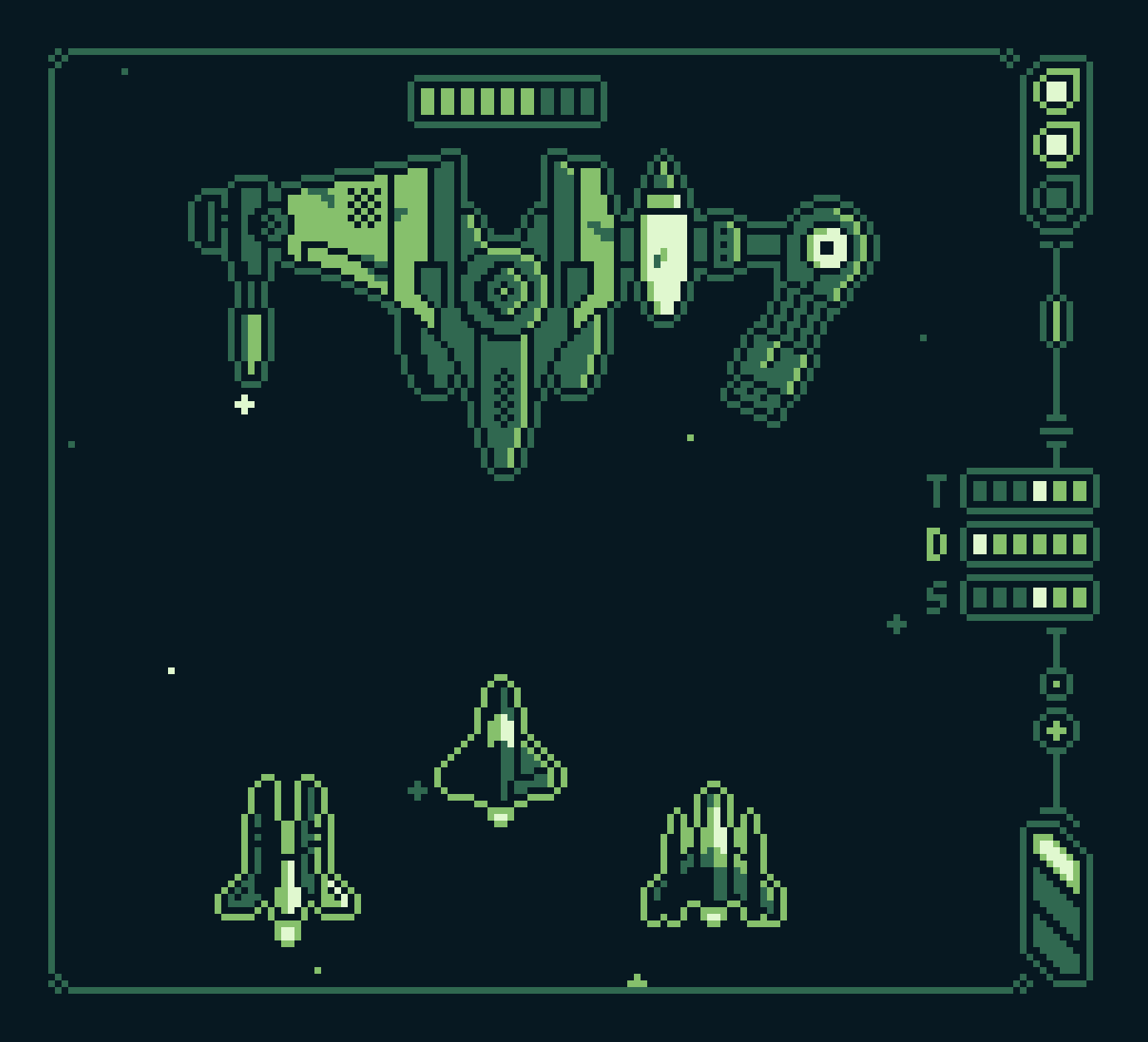 Pixel art animation of three player ships from my game SpaceDeck X facing a boss. Four colors, Game Boy palette.