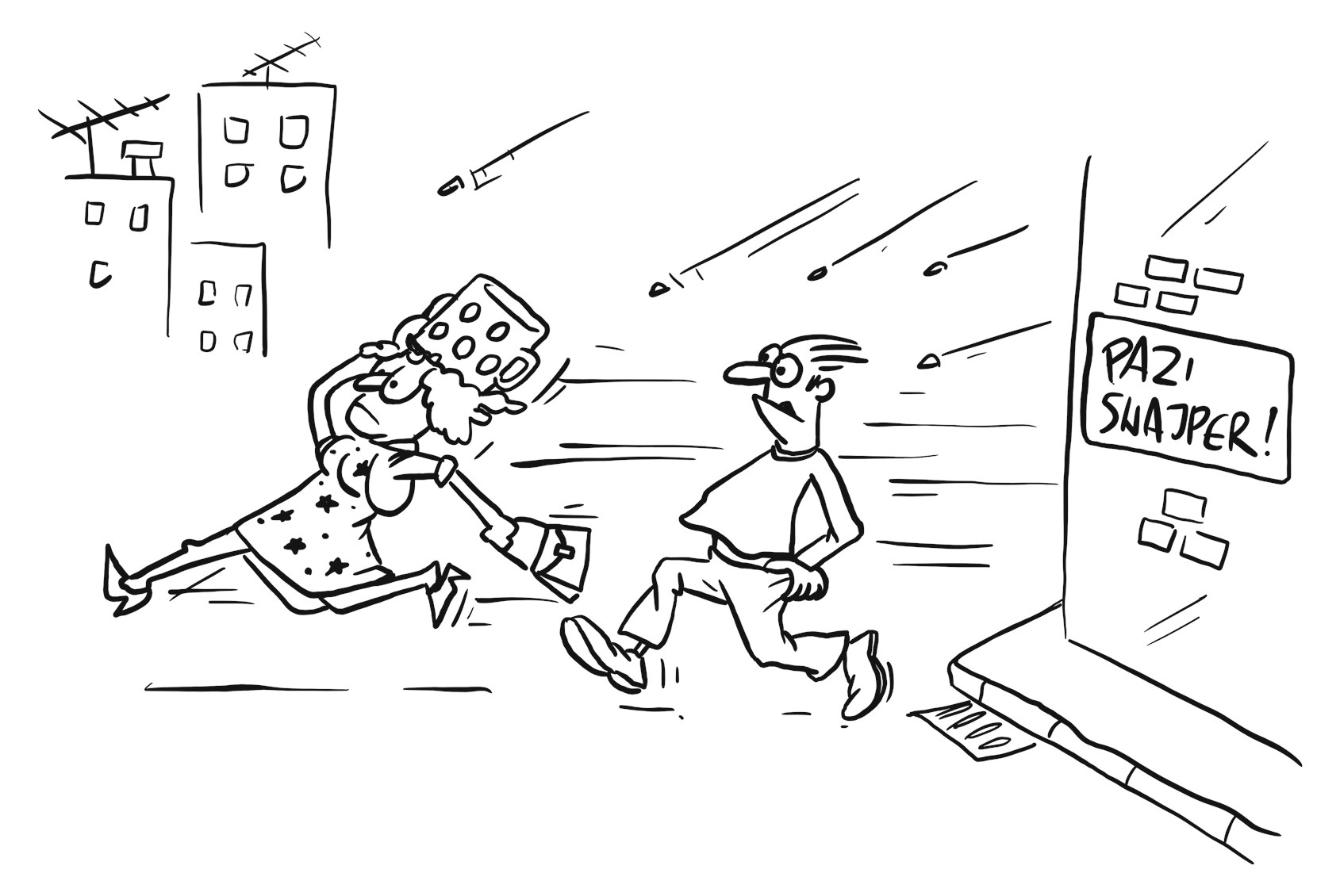 One of the images from the book, People running across a street, passing by a "caution sniper" sign.