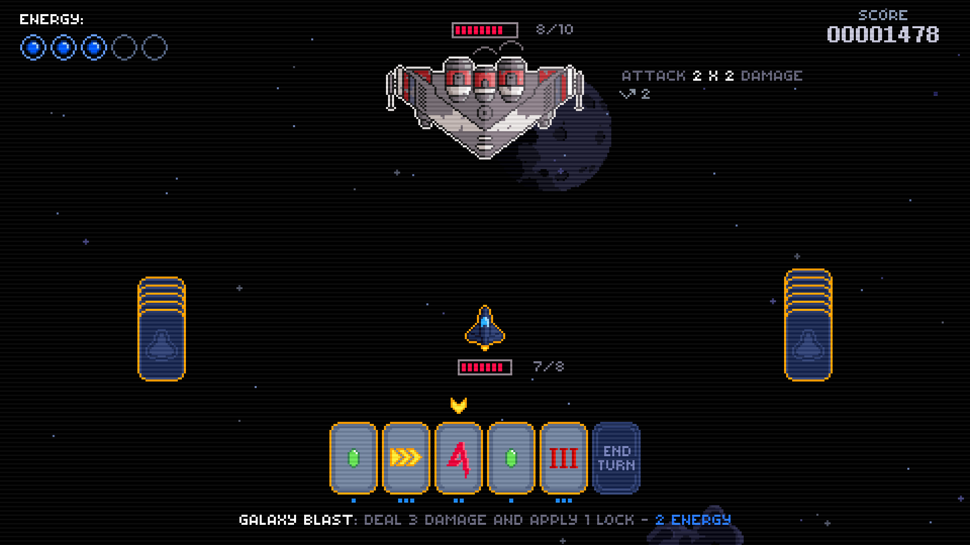 Screenshot of the boss fight in SpaceDeck X, showing the player ship and deck, with the large triangular boss ship above it