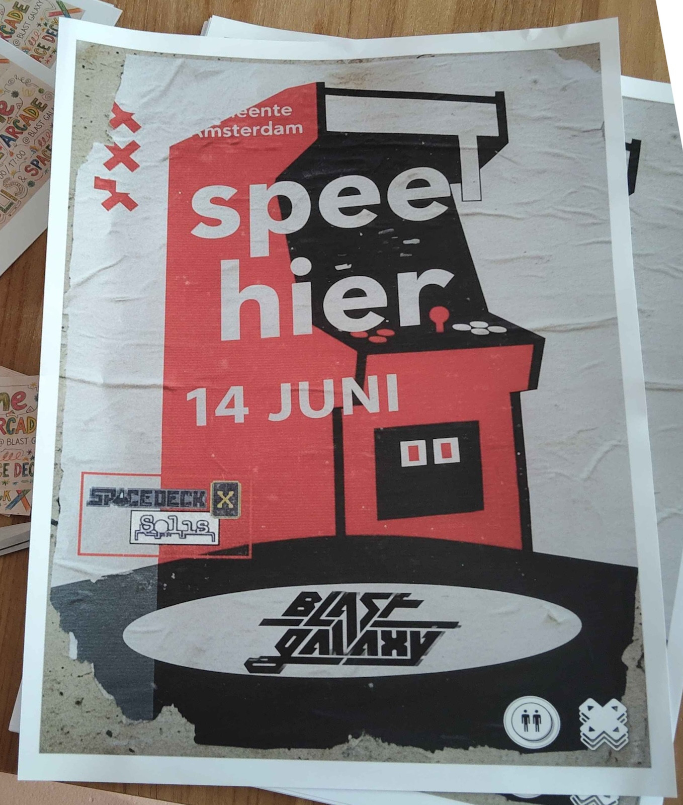 Poster for the release party with an image of a stylized arcade cabinet