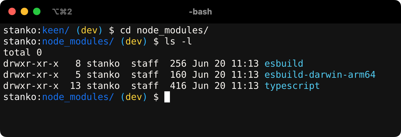 Terminal windows with keen's node_modules folder listed