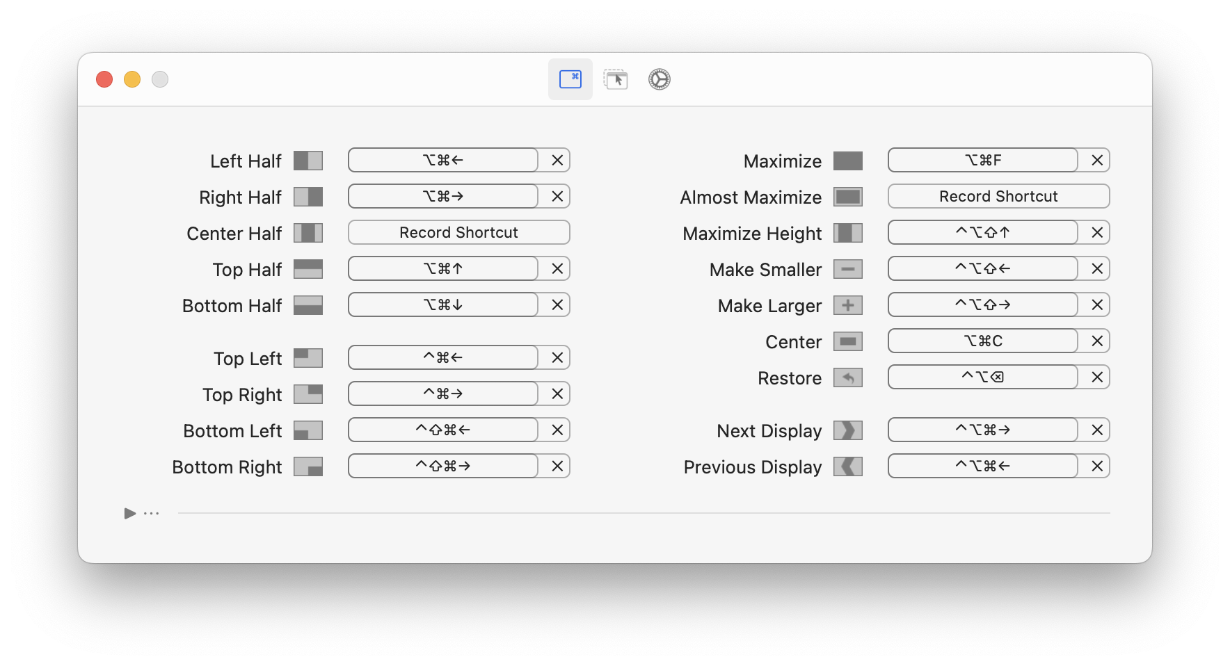 Rectangle settings window