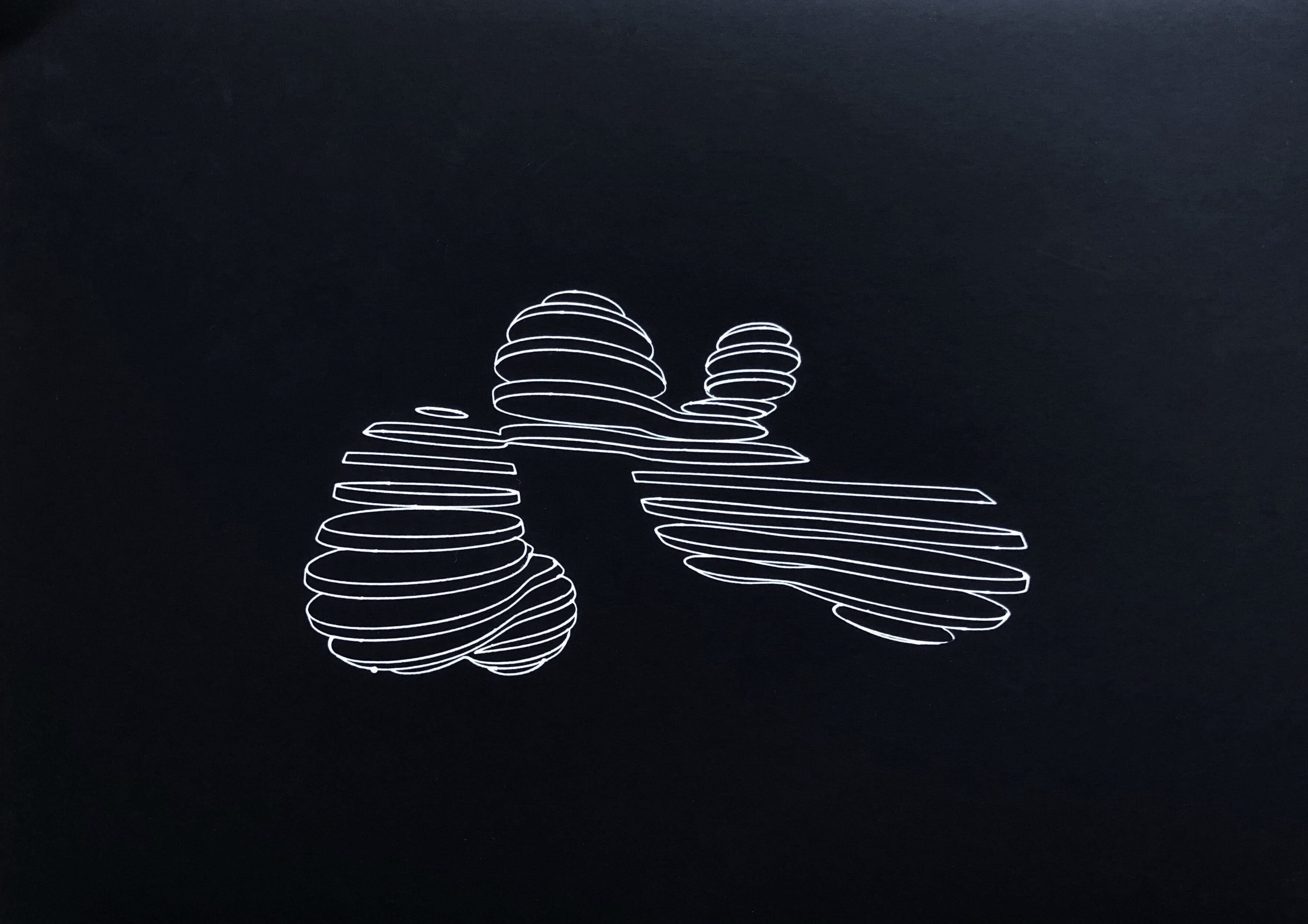 Pen plotted image generated by Metaballs, white on black