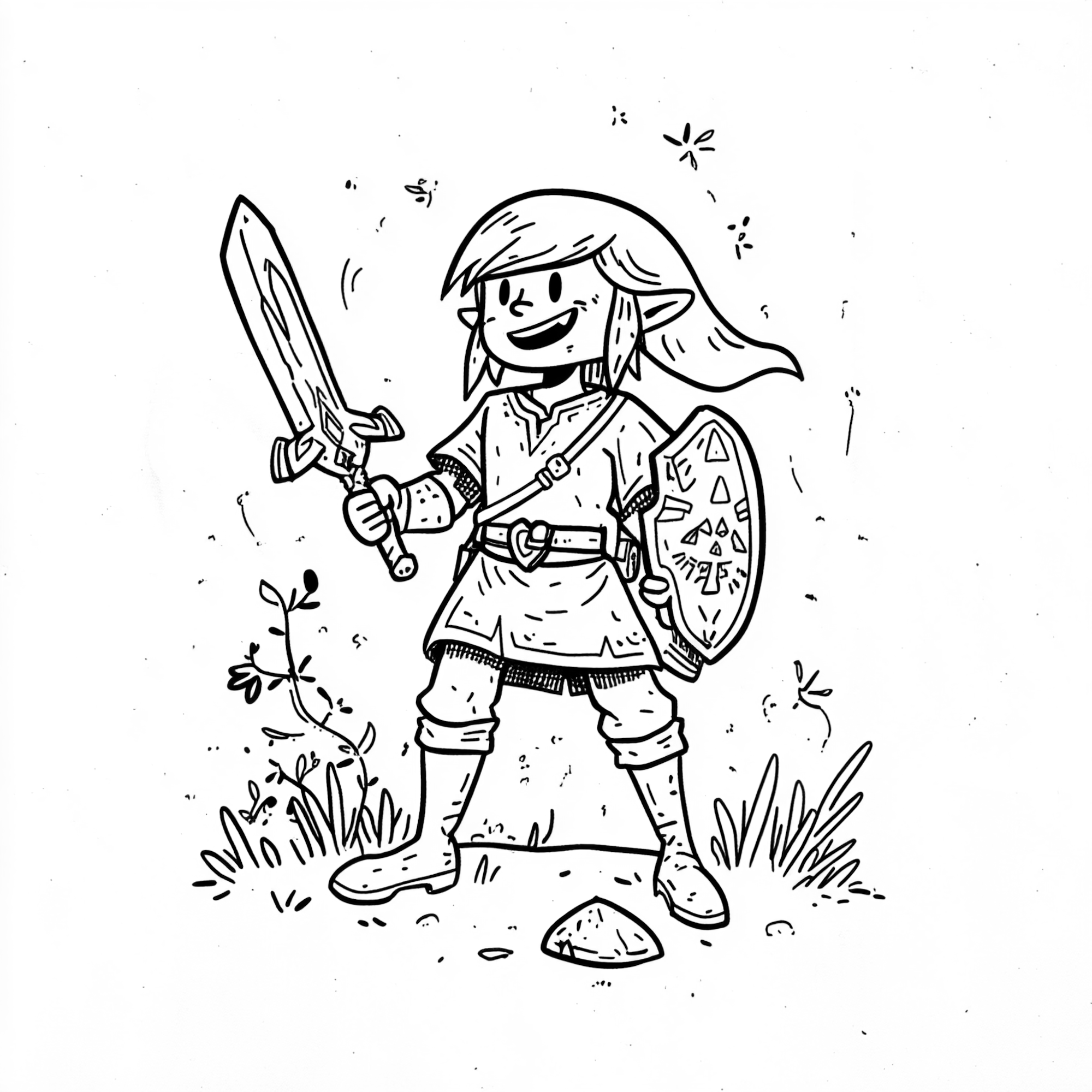 Black and white cartoony drawing of Link from The Legend of Zelda standing with a sword and shield.