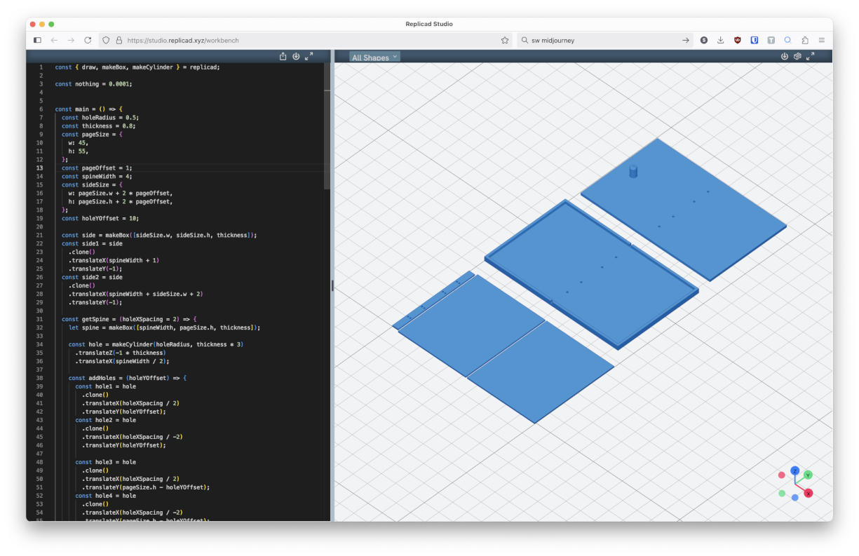 Application showing code and the 3D model