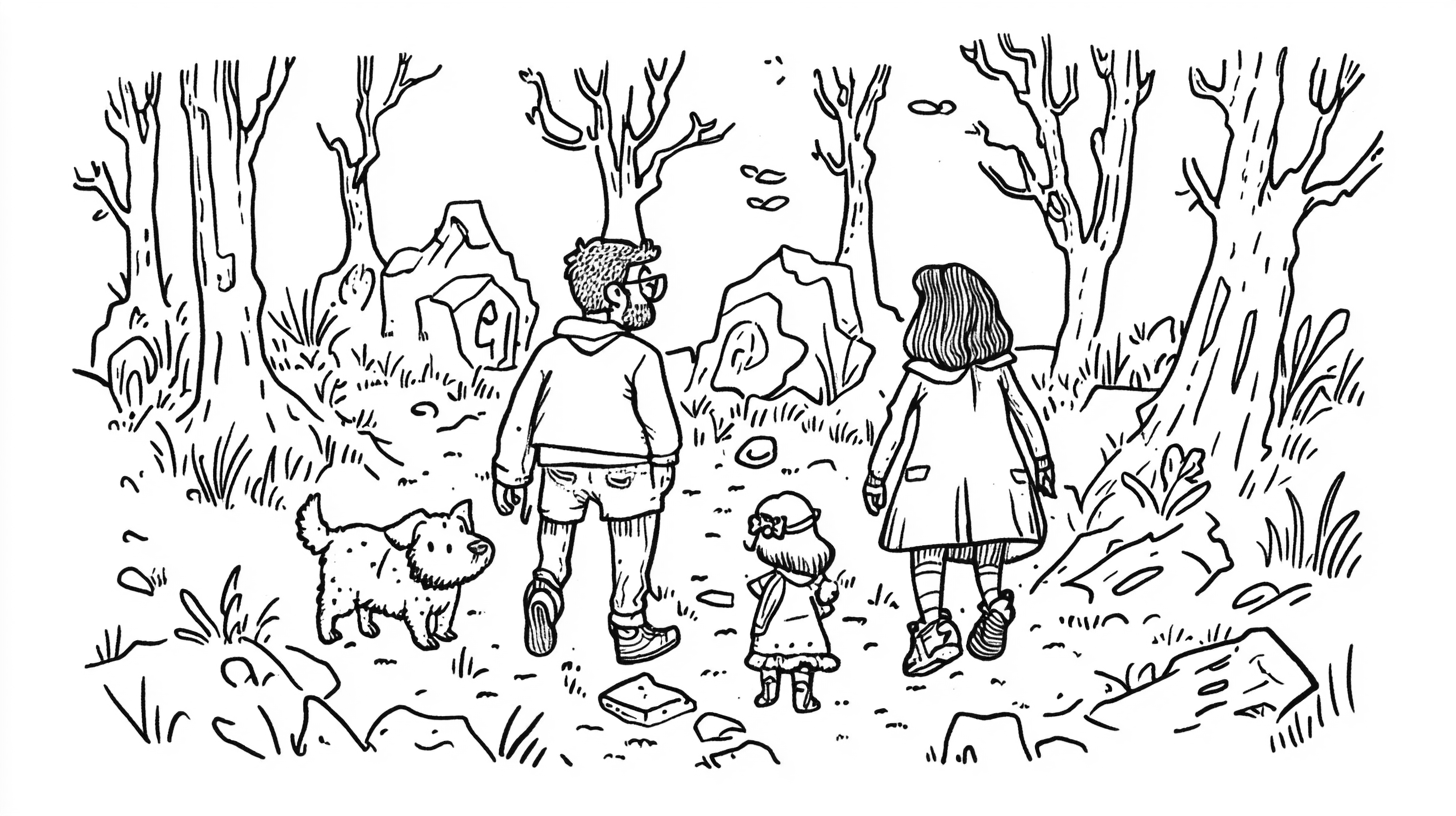 Black and white drawing of a woman, man, little girl and a dog walking in a forest