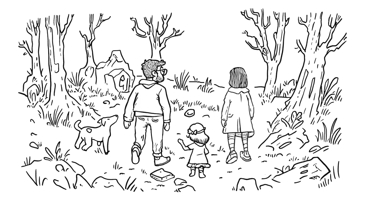 The same image of the family walking in the forest but with lines separated and some parts redrawn