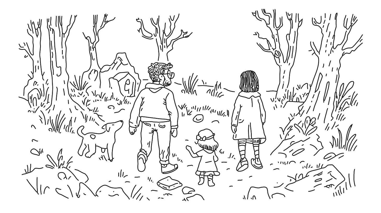 Vectorized image of of the family walking in the forest