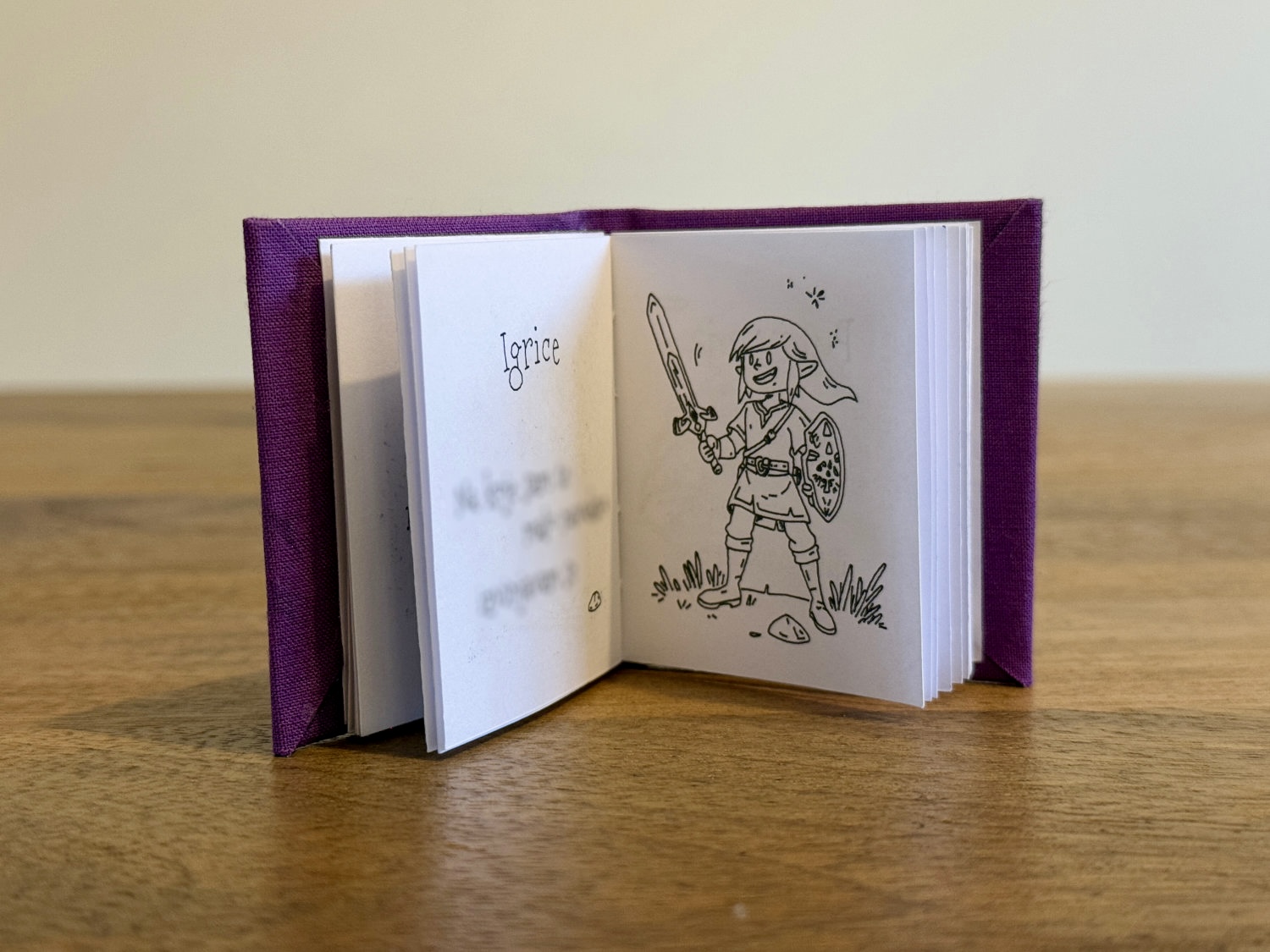 Book opened on the table showing the illustration of Link from The Legend of Zelda